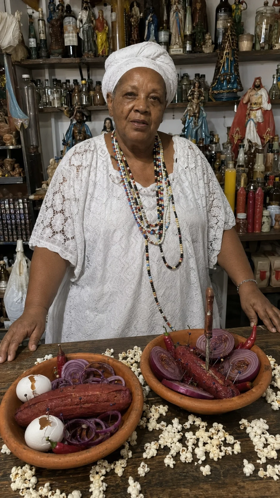 Mãe Zulmira em seu espaço espiritual diante do ritual